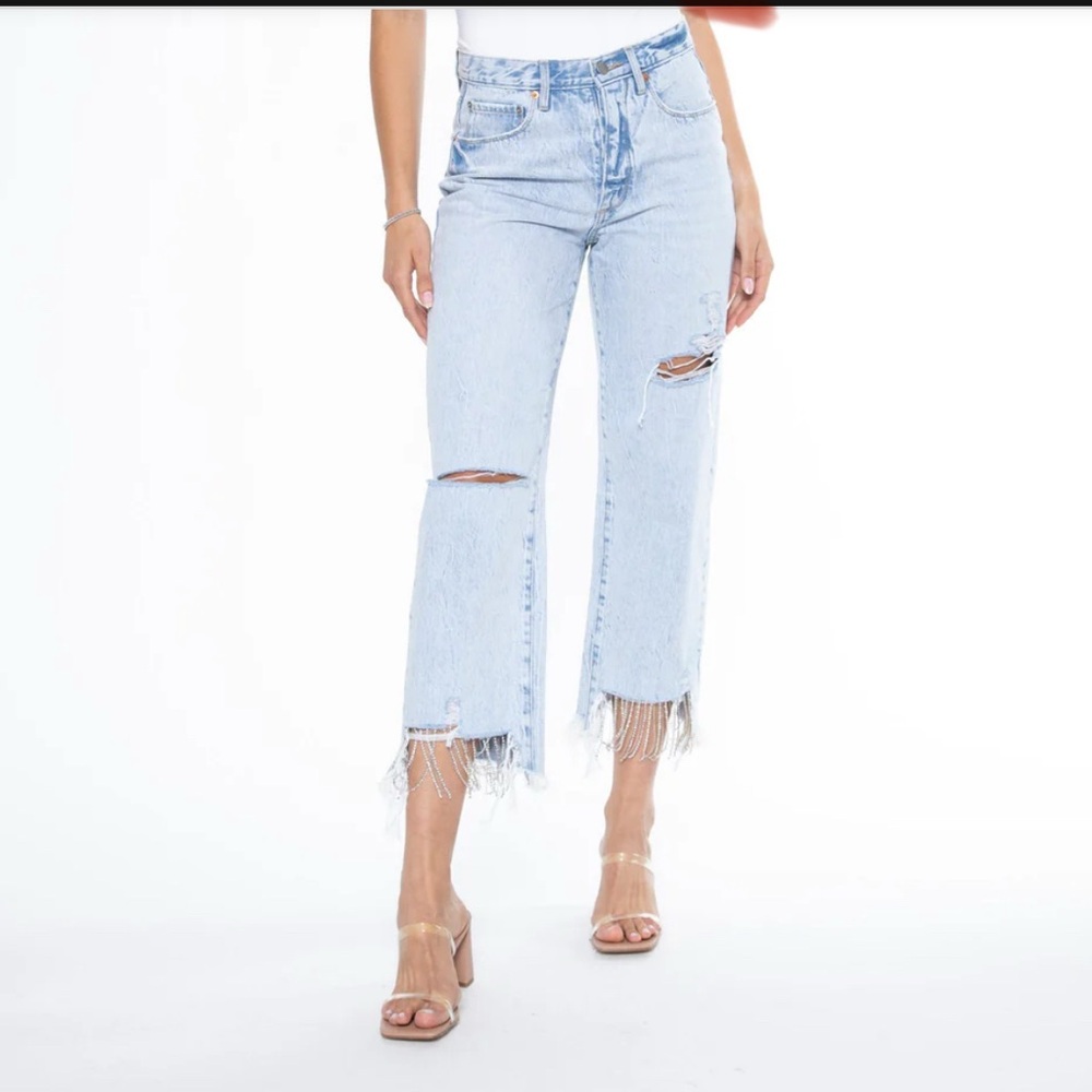 Blue Ankle Cropped Distressed Jeans w/ crystal fringe- never worn